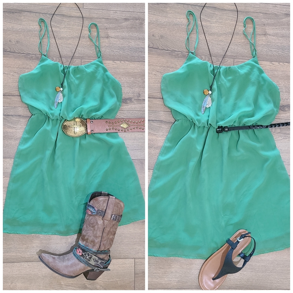 Worn Once -MY STORY- Forest Green Chiffon Short Sundress/Weddings sz Small